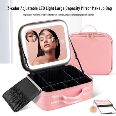 Large PU Leather Makeup Bag with LED Mirror for Artists