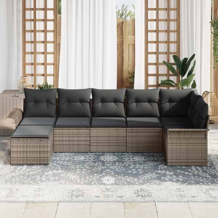 VidaXL Ensemble de Canapés de Jardin 7 pièces avec Coussins Gris Rattan Poly 3345449