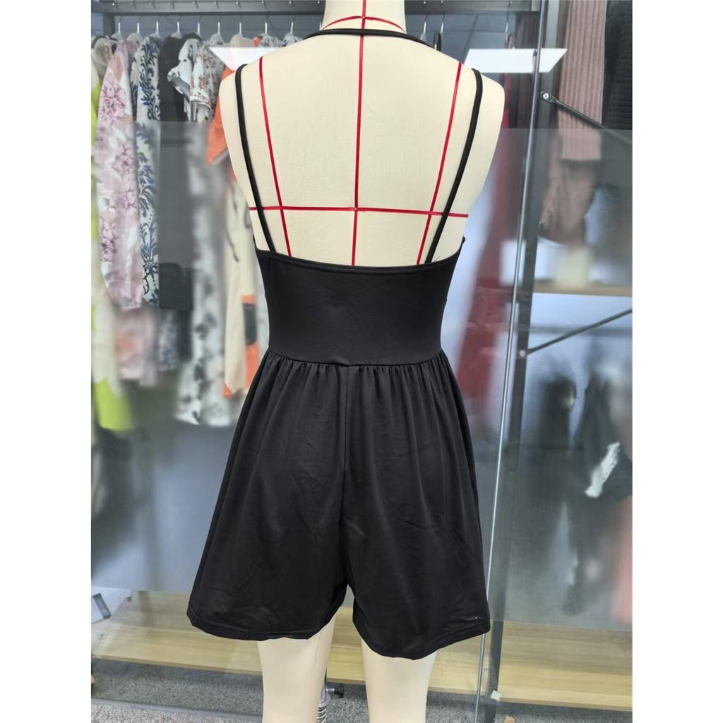 Women's Solid Color Sleeveless Halterneck Suspender Jumpsuit Pleated Waist Shorts