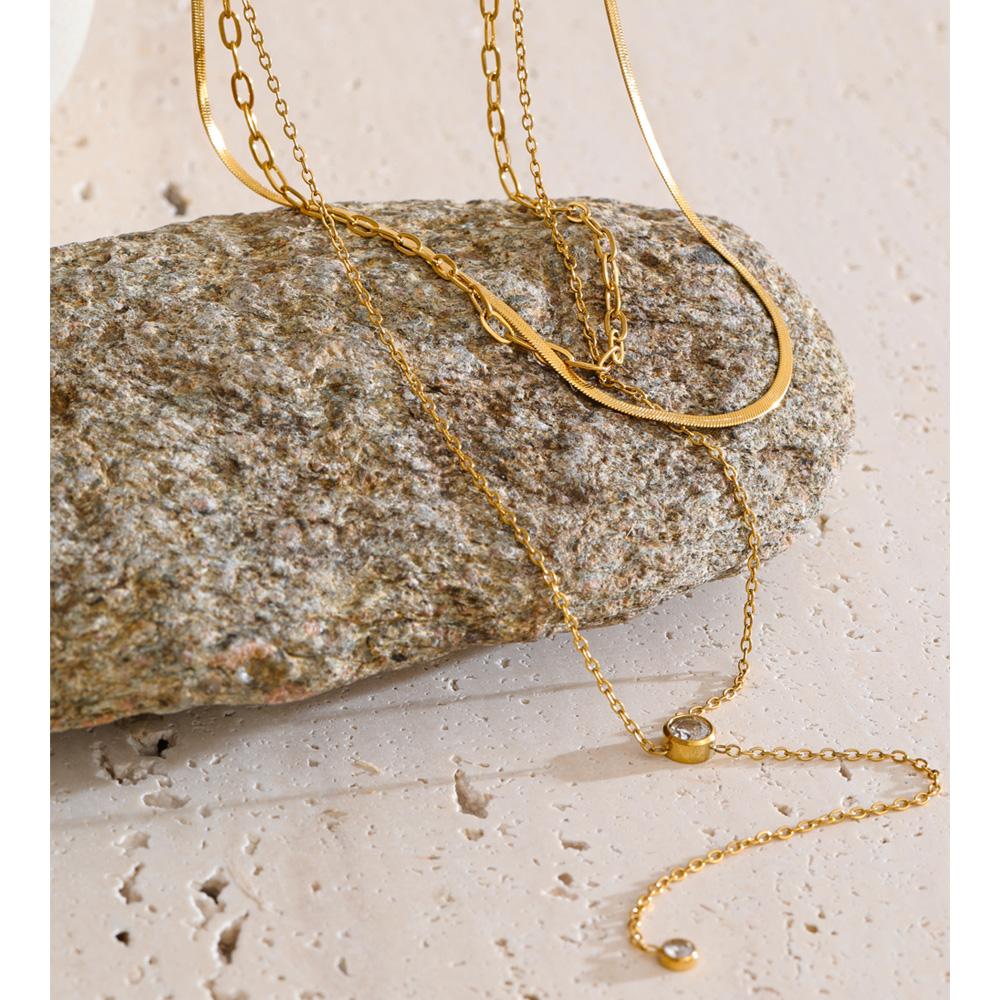 Yhpup Stainless Steel Layered Snake Chain Zirconia Drop Stacking Necklace Temperament Chic Charm Bib Jewelry Gift Waterproof