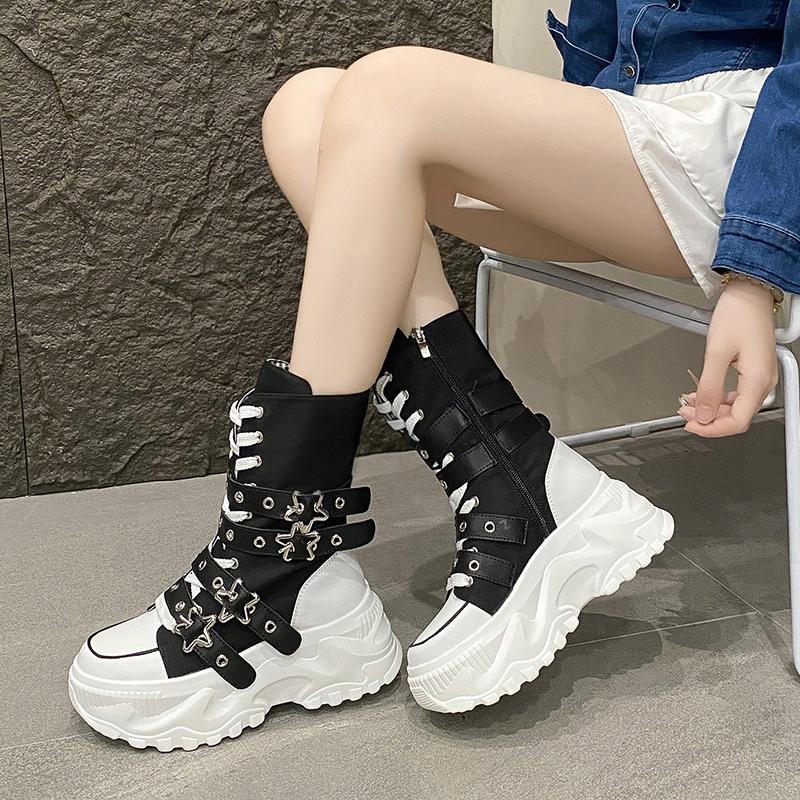 Single Boots Autumn New Round Toe Front Lace-Up Platform Non-Slip Mid-Tubular Boots