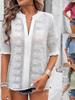 V-Neck Puff Sleeve Tassel Lace Hollow-Out Mid-Sleeve T-shirt 