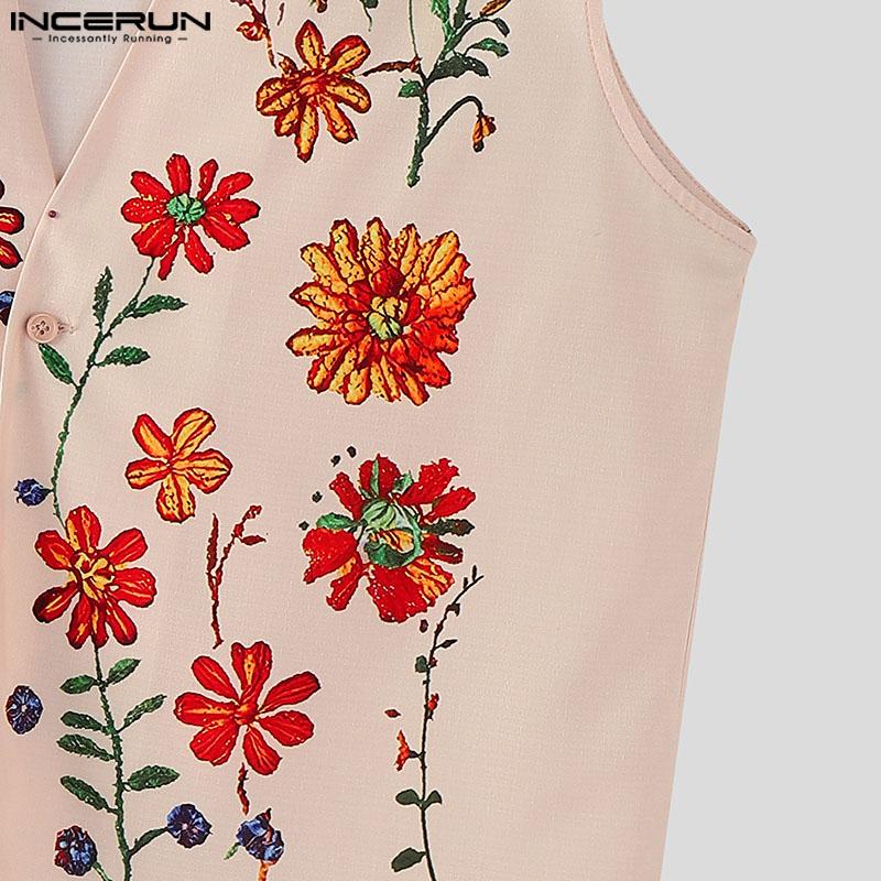INCERUN Men Sleeveless Floral Print Button Casual Loose Tank Tops