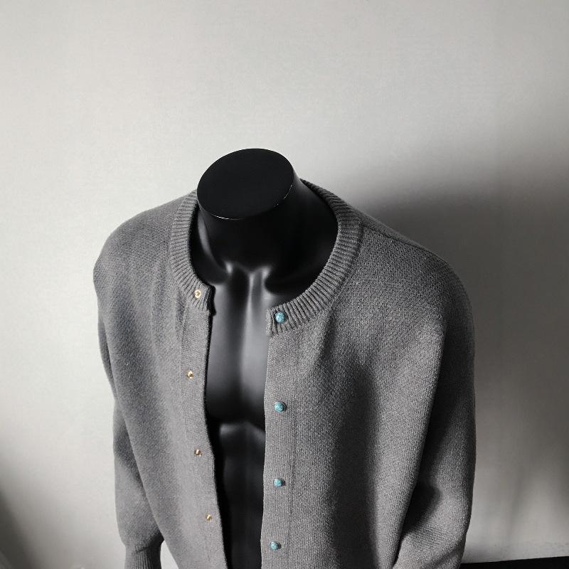 QAGO Turquoise Color Block Button Cardigan Sweater for Men - Autumn American Old Money Style Knitwear