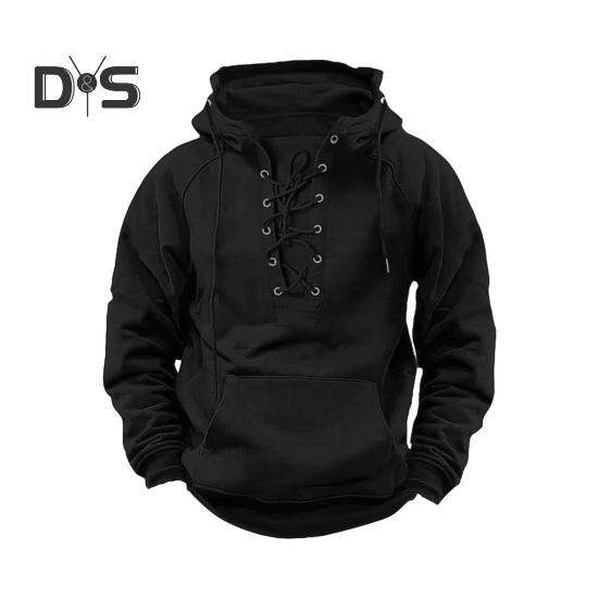 

Осень-зима Мужская толстовка с капюшоном на шнуровке со свободными эластичными манжетами Ретро Теплый пуловер Средней длины с накладными карманами в стиле хип-хоп Однотонная толстовка с капюшоном L чёрный