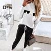 Oczy Print Kobiety Strój Kostka Banded Dwuczęściowy Koraliki z nadrukiem Serca Decor Bluza Spodnie w pasie Zestaw Streetwear