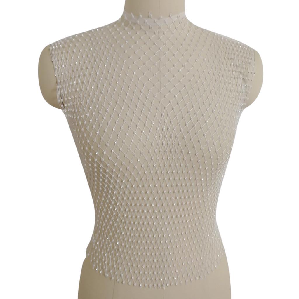 Diamond Mesh Tank Top Women Hollow Out Elastic  Rhinestone Crop Tops