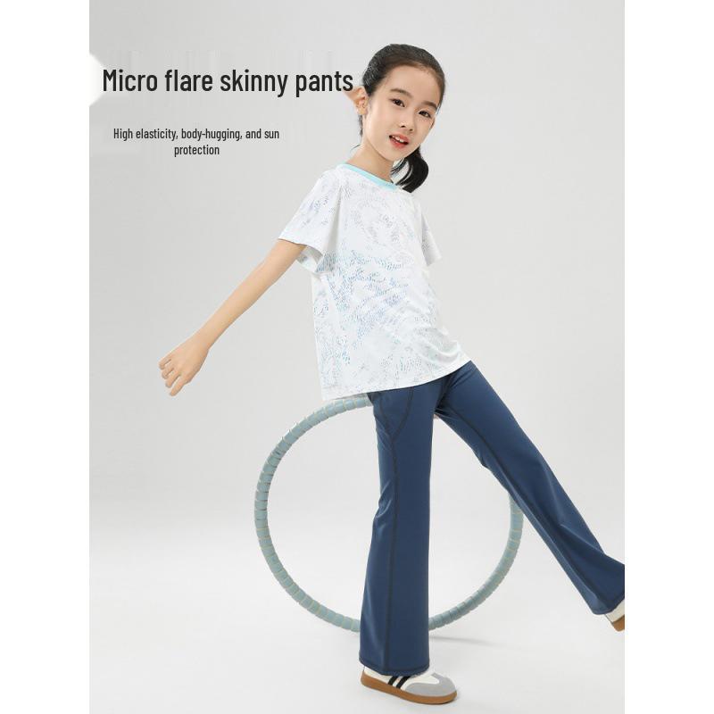 Girls' Summer Sports Set: High-Waisted Flared Pants & Kids' Sun Protection Short Sleeve Yoga Outfit