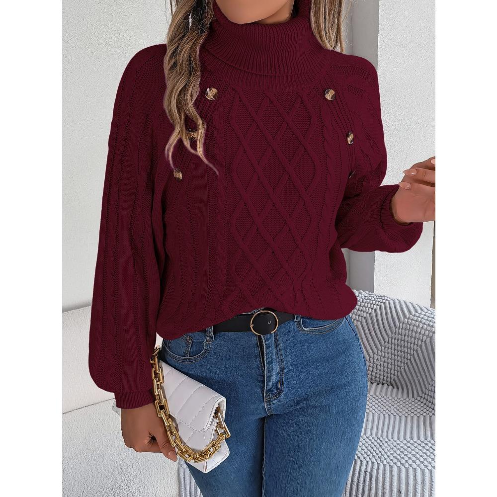 Autumn/Winter Casual Solid-Colour Buttoned Cable-Knit Turtleneck Bell-Sleeve Pullover for Women