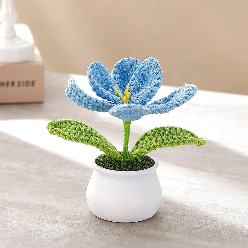 Knitting Tulip Flowers with Potted Cute Crochet Flower Fake Plant Party Gift Home Decor Tulip Woven Flower