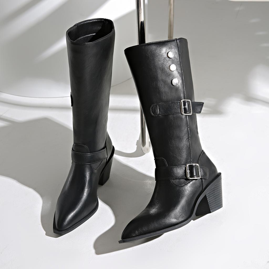 New Women's British Style Women's Knee High Boots Round Toe Block Heel Women's Zipper Plus Size 36-42 Zapatos Mujer