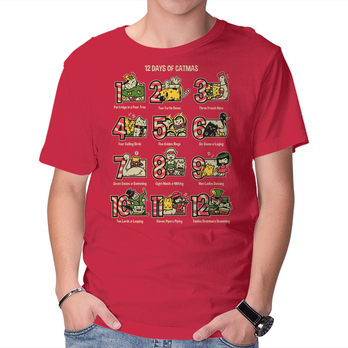 Unisex Crew Neck T-Shirt 12 Days Of Catmas Graphic Short Sleeve Casual Tee XXXL