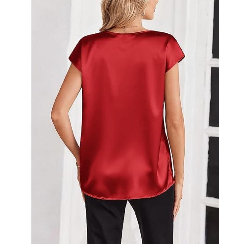 Women Summer T-shirts V-neck Short Sleeve Satin Tee Tops Ladies Casual Top Shirt
