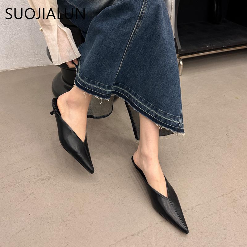 Fashion SUOJAILUN 2024 Sping New Brand Women Mules Shoes Fashion Pointed Toe Shallow Slip On Slipper Shoes Thin Low Heel Dress Sandal