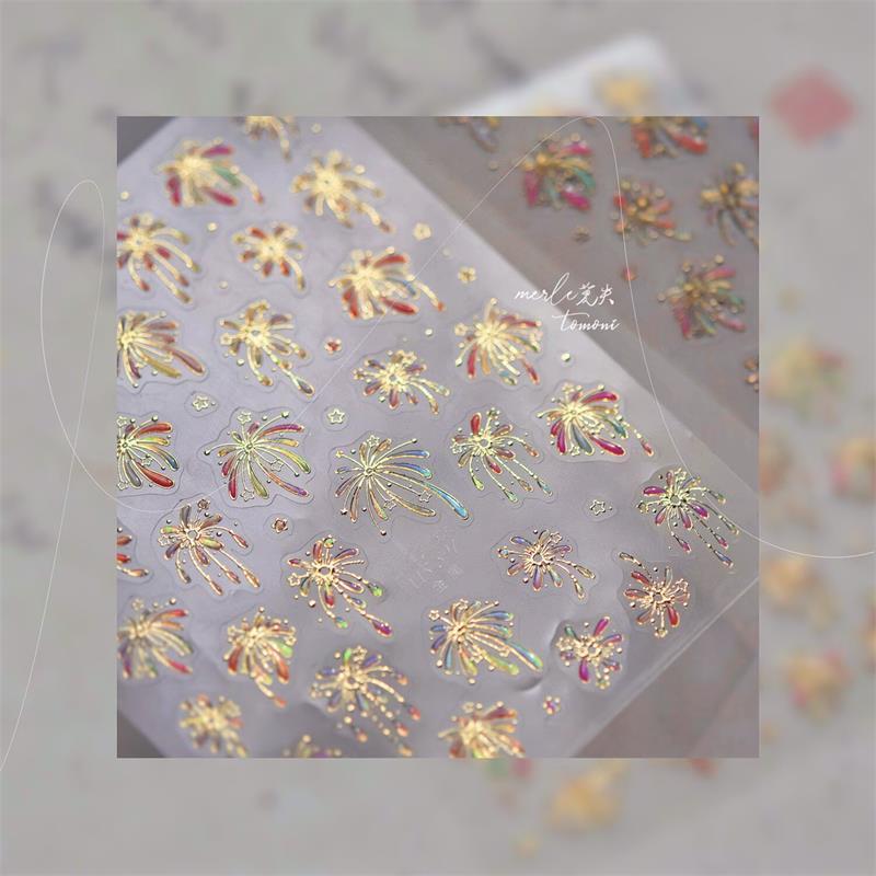 Pretty Colourful Firework Castle Shiny Romantic Pyrotechnics Embossment Self Adhesive Nail Art Stickers New Year Manicure Decals