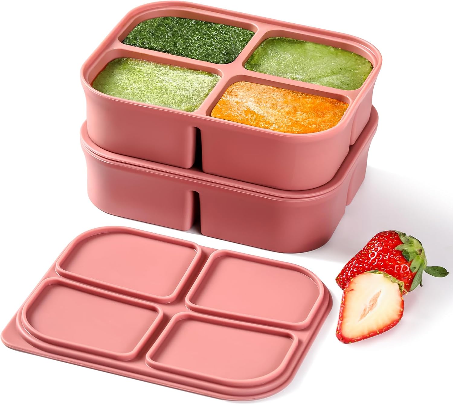 

Набор из 2 поддонов для льда, штабелируемая большая силиконовая форма для замораживания льда, легко разбираемый квадратный ледогенератор со съемной функцией 4 CUBES ярко-розовый