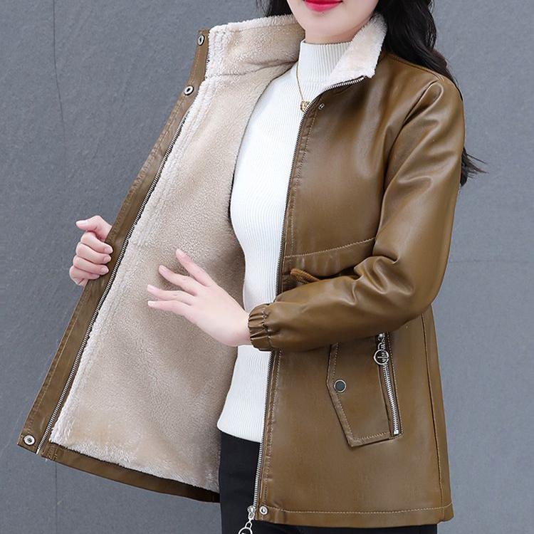 

Зимняя женская флисовая куртка, толстая теплая куртка из искусственной кожи, тонкое кожаное пальто с воротником-стойкой и флокированным покрытием 4XL хаки
