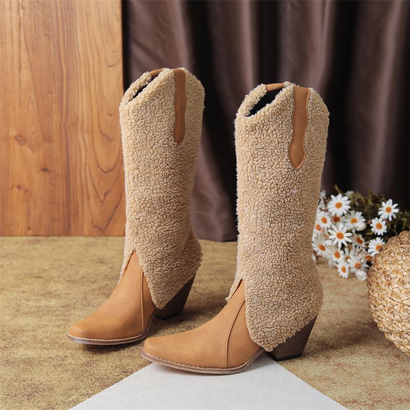 

ANNYMOLI Жіночі ботфорти ковбойського стилю до коліна, квадратний носок, товсті високі підбори, ковбойські чоботи, лаконічні західні довгі чоботи, жіноче модне взуття, зима 39 коричневий