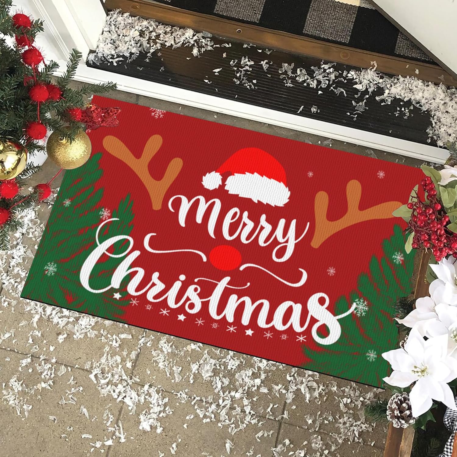 

VIKAMA Christmas Happy Front Door Floor Mat Welcome Pad Indoor and Outdoor Anti-Slip Carpet Holiday Home Decoration 40x60cm 16x24inch