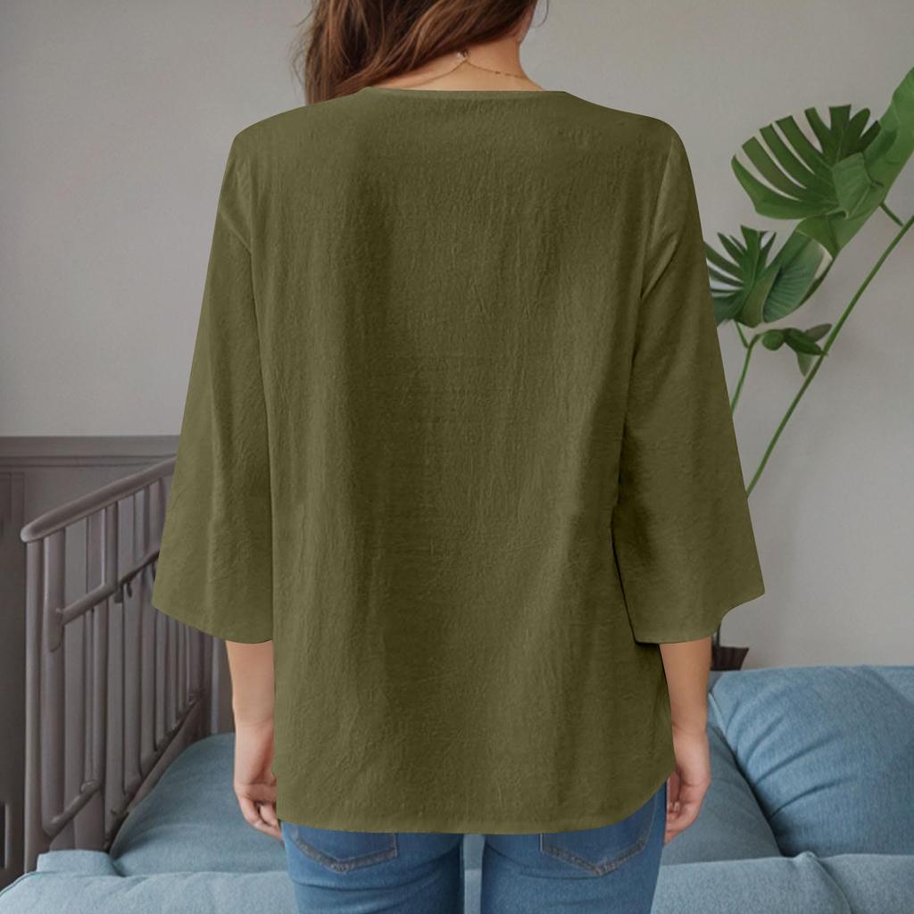 Womens 34 Sleeve Loose Fit Embroidered Tunic Top with Split Neckline and Casual Bohemian Style Blouse Shirt