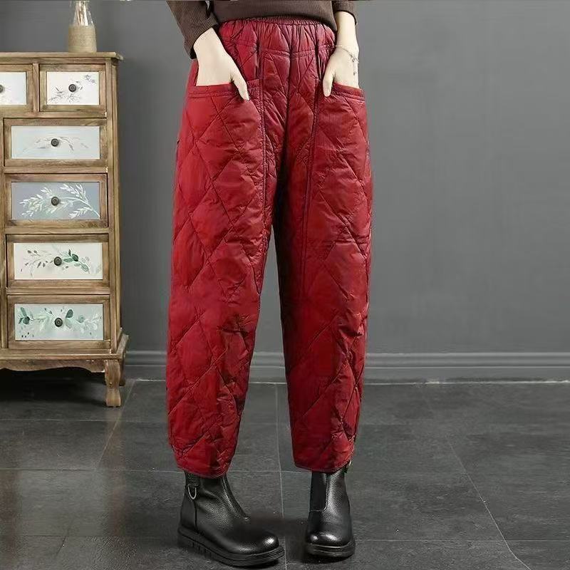 Vintage Pants Women Winter Warm Trouser Cotton-padded Pants Casual Design Pockets Elastic Waist Korean Chic Black Pants
