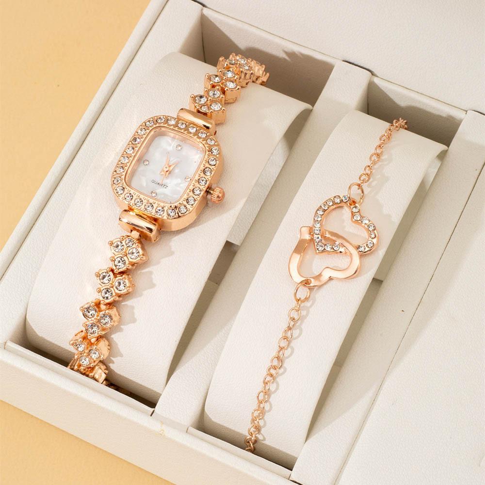 Ladies Trendy Small Sugar Cube Bracelet Watch, Light Luxury Rose Gold Gypsy Star Diamond Set Love Bracelet Set