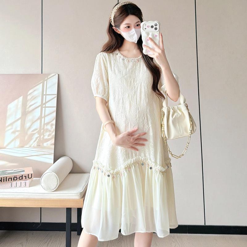 Summer Lace Embroidery Ruffle Midi Maternity Dress M