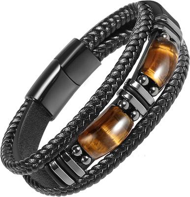 Tiger Eye Black Leather Bracelet Men Natural Zircon Crystal Stone Jewelry Handmade Courage Stress Relief Protection Bracelet