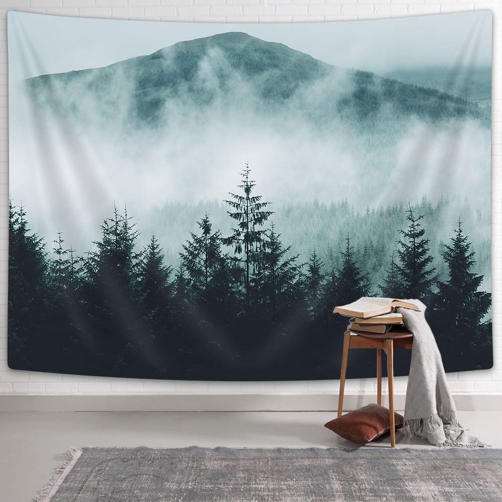 Fog Mountain Forest Tapestry Misty Forest Nature Woodland Aesthetic Tapestry Wall Hanging Art for Bedroom Living Dorm Decor