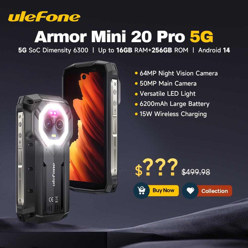 Ulefone Armor Mini 20 Pro 5G 4.7" Rugged Phone 64MP Night Camera Android 15 Smartphone 6200mAh Up to 16GB+256GB NFC Global