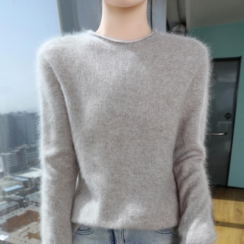 2025 Women's Mink Cashmere Sweater: Semi-High Neck, Rolled Edge Knitted Pullover for Spring & Autumn