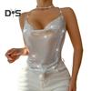 Top con bretelle in paillettes da donna, senza maniche, senza schienale, con lacci in catena di metallo e colletto a sbuffo, canotta sexy
