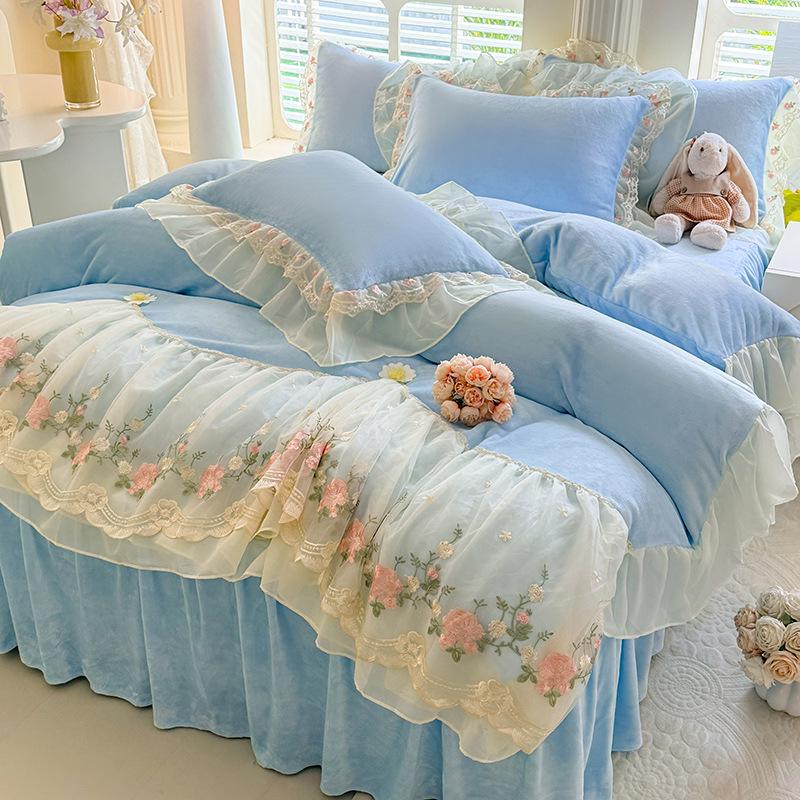 

Aurora French Princess Lace Milk Velvet Bed Skirt & Cover Set - 4 Pieces Sheet Style 1.5 Bed Set - Duvet 200x230