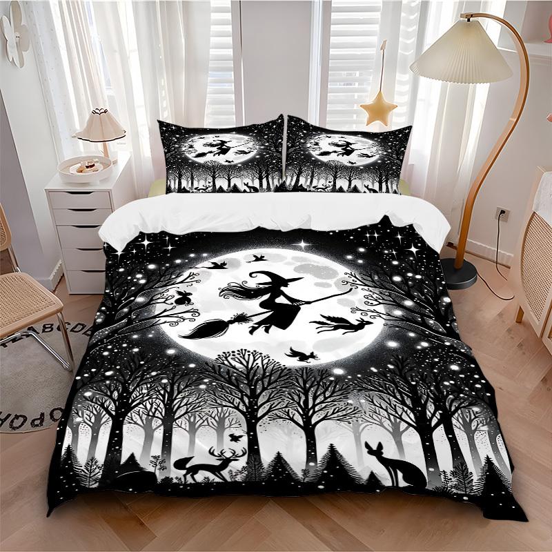 3pc Moonlit Witch Cover Set - 1 Quilt Cover + 2 Pillowcases, All Seasons Bedroom Setting, Perfect for Home010