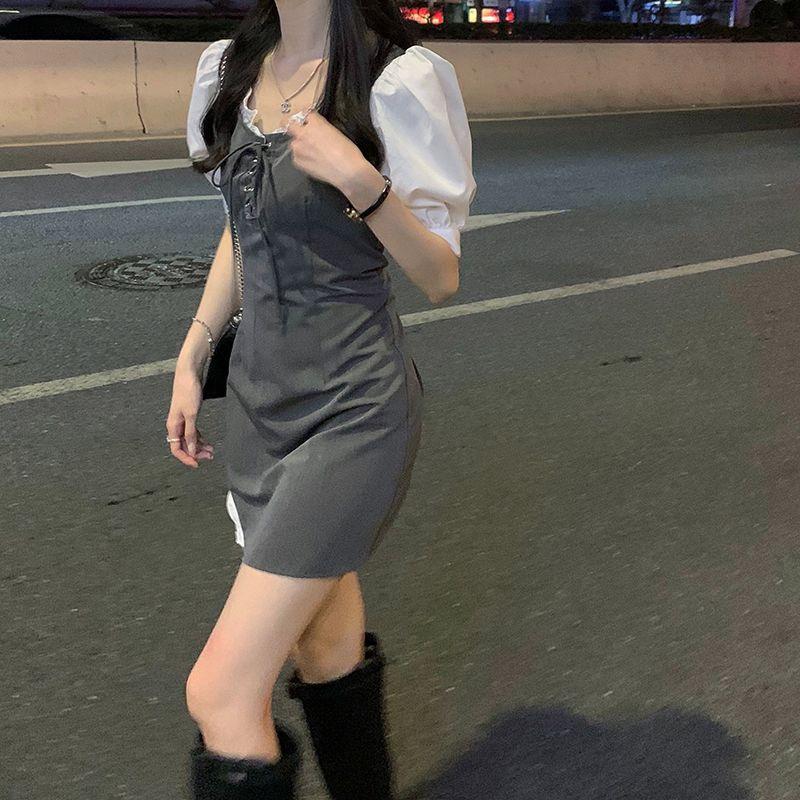 French Niche Splicing Fake Two-piece Gray Dress Summer Design High-end Slim-fitting Hip-wrapped Small Short-sleeved Skirt