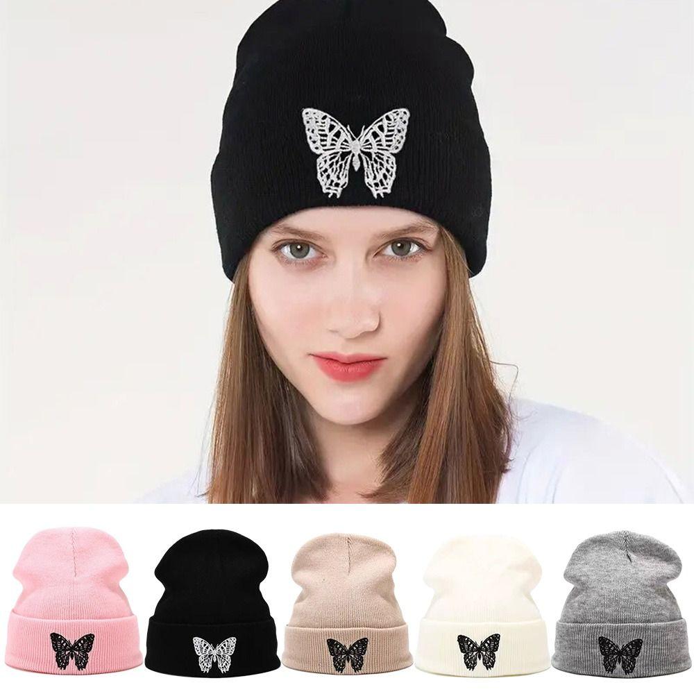 Embroidered Butterfly Knitted Pullover Hat Windproof Ski Bonnets Hat Winter Warm Skullcap
