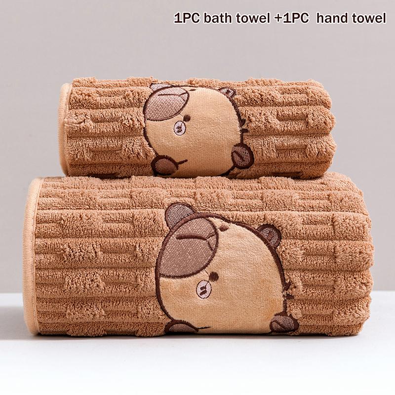 Cute 2-Piece Capybara Face Towel Set, Extra Soft Coral Fleece, 34X74 Inch Towel And 70X140 Inch Bath Towel