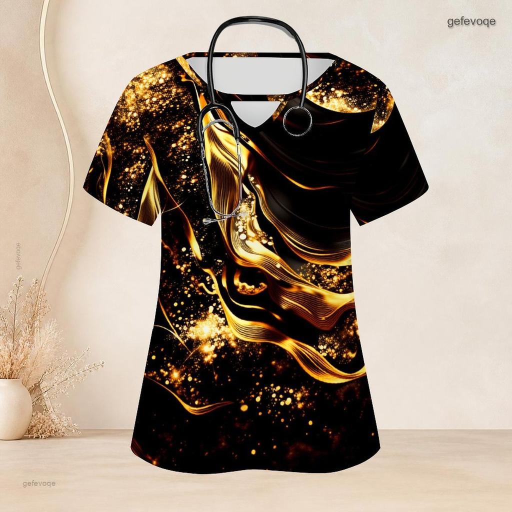Women Plus Size Blue Printed Scrub Top Keyhole Neck Short Sleeve Nurse Uniform With Front Pockets