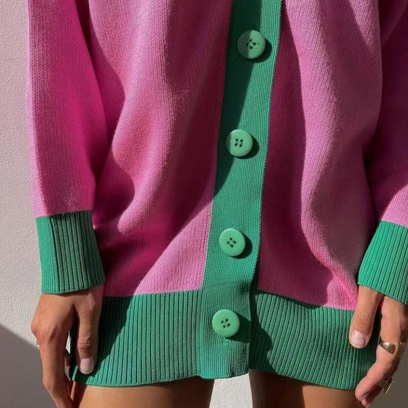 

Fall Fashion Fashion Long Sleeve Single Breasted V-neck Loose Sweater Outwear Single Brewed Sweater Pink S