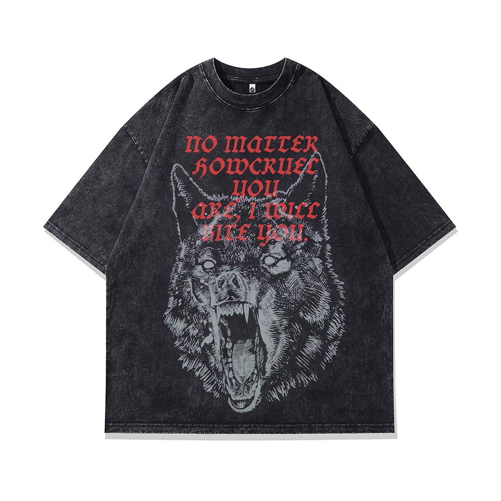 T-shirt Oversize à Manches Courtes Lavé Vieux Imprimé Crâne Tendance Sombre Marque Européenne Et Américaine Tee Mi-Manches Hommes Et Femmes