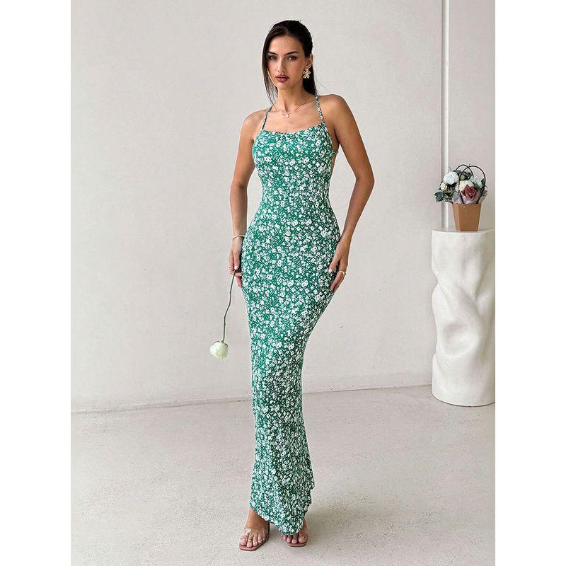 Halter Backless Floral Dress Sweet Fresh Sling Open Back Floral Vacation Style Dress