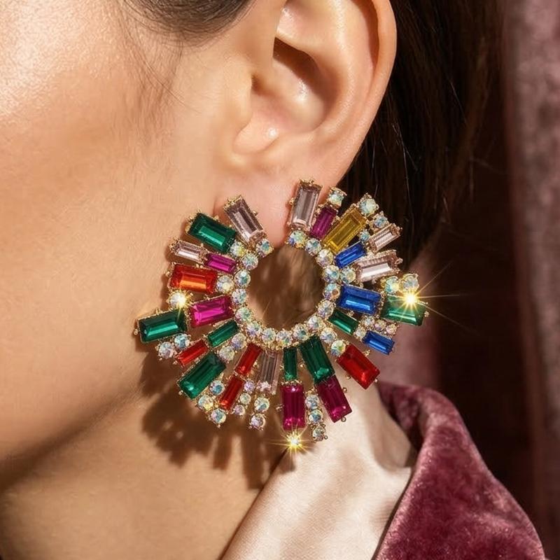 Elegant Alloy Sunflower Earrings With Colorful Rhinestones For Women Party Wedding Daily Wear