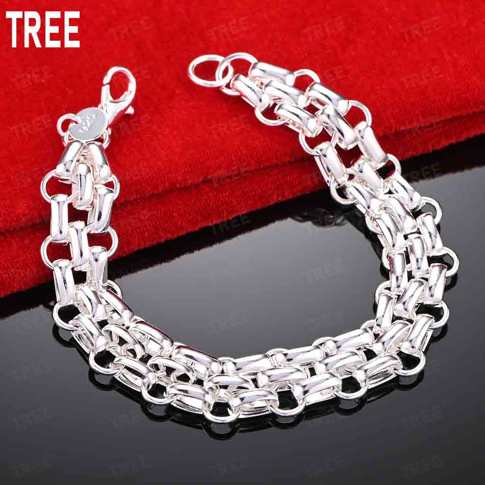 925 Sterling Silver Flat Ring Interlocking Side Chain Bracelet Gift Jewelry 20CM