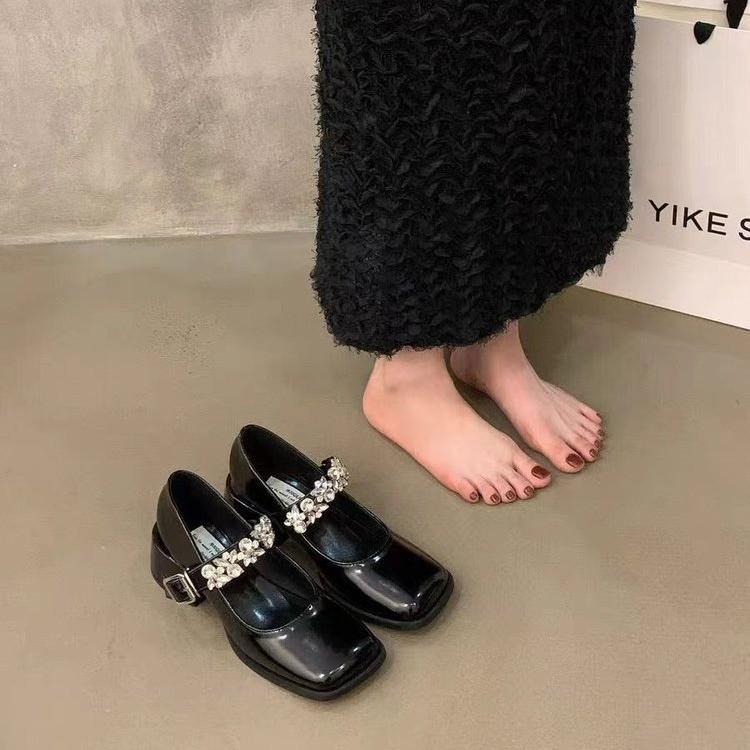 

Черные туфли-лодочки с квадратной головкой, женские, весна 2025, новые односложные пряжки, темпераментные туфли на высоком каблуке, толстый каблук, туфли Мэри Джейн из кожи 40