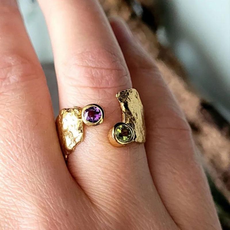 1 Piece Fine Irregular Pattern  Style Metal Zirconia Gold Color Wide Ring Opening