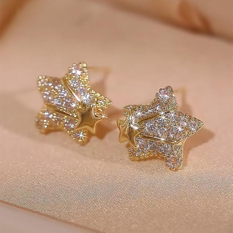 Creative design inlaid full diamonds star earings stud light luxury and high-end earrings for women suitable for daily