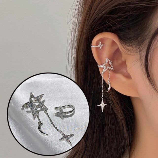 Последние женские модные стильные циркониевые кристаллические серьги-клипсы Луна Звезда Минималистичные Минималистичные фейковые хрящевые серьги-каффы с длинными кисточками Ювелирные изделияМода