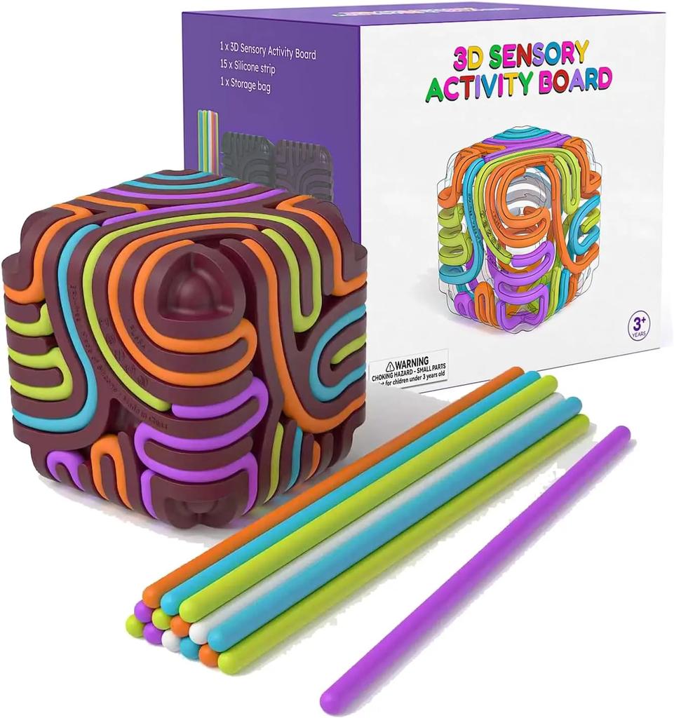 Sensory Fidget Toys for Kids Adults Silicone Activity Cube with 15 Colorful Strings Travel Stress Relief Toys Christmas Gift