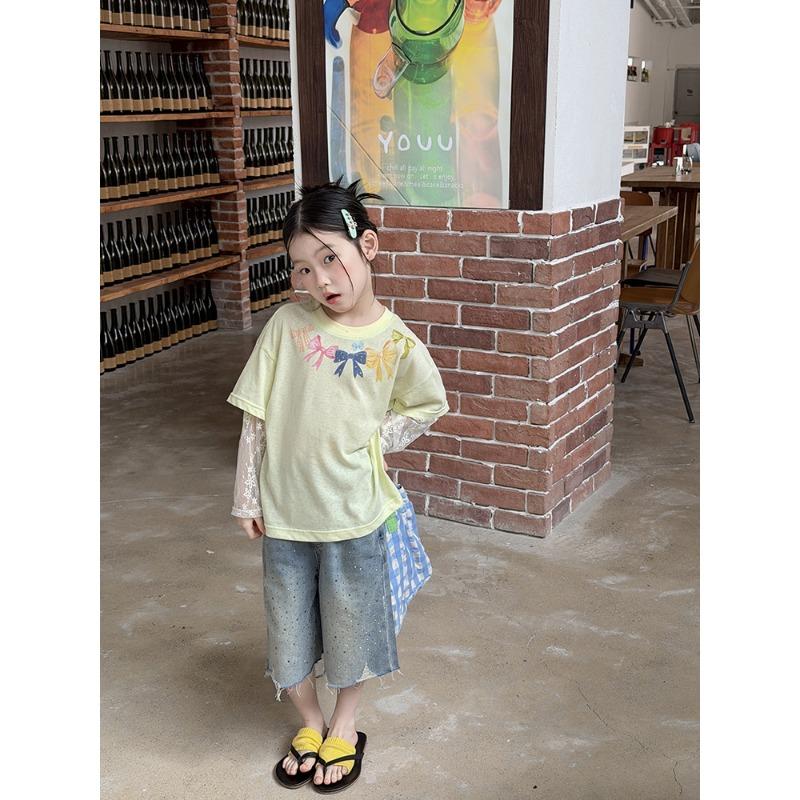 Girls Sweet Korean Style Fake Two Piece Lace Patchwork Short Sleeve T Shirt