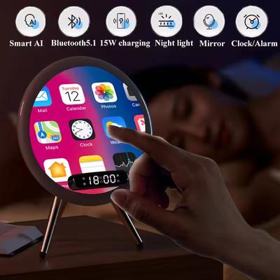 Akıllı Bluetooth Hoparlör Kablosuz Ayna Ses Kutusu LED Gece Lambalı Masaüstü Alarm Saati TF Müzik Çalar 15W Kablosuz Şarj Cihazı